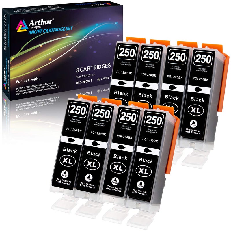 Arthur Imaging خراطيش حبر بديلة متوافقة من آرثر إيميجين لكانون PGI-250XL PGI 250 XL للاستخدام مع PIXMA MX922 MX722 MG5420 MG5520 MG5620 MG6320 MG6420 MG6620 MG7120 MG7520 iP8720 (أسود كبير) 8 عبوات - Image 1